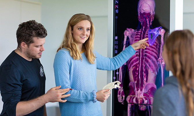 Drei Studierende lernen mit dem virtuellen Seziertisch